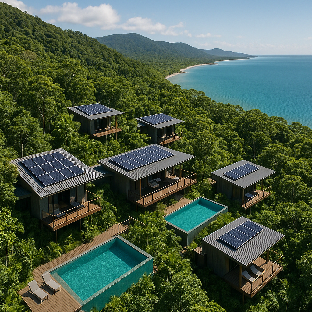 Vista aérea de un resort ecológico de lujo en Quee